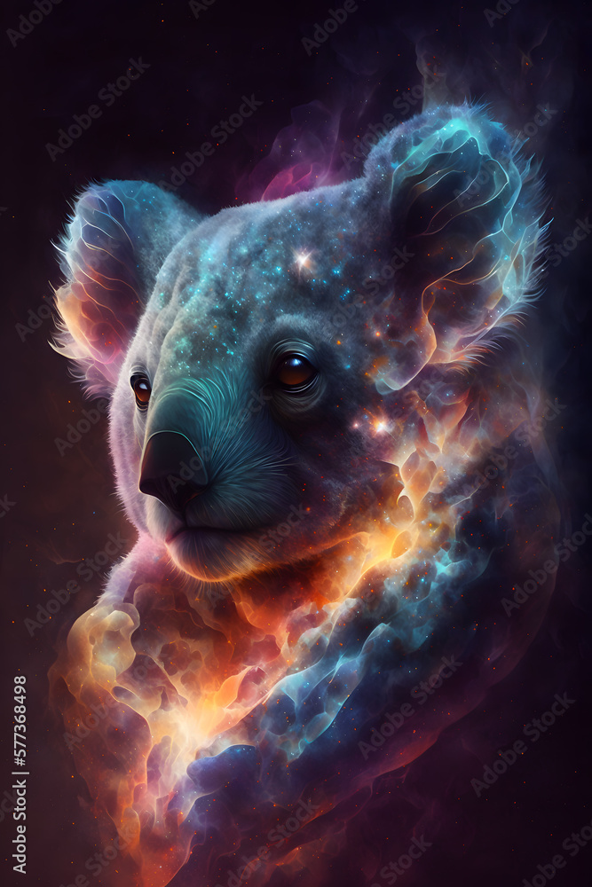 Głowa misia koala połączona z mgławicą galaktyczną. Koala na czarnym tle w magicznym, abstrakcyjnym wydaniu. Wygenerowane Ai - obrazy, fototapety, plakaty 