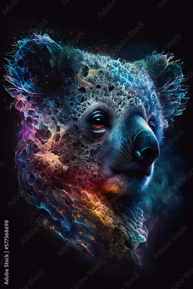 Głowa misia koala połączona z mgławicą galaktyczną. Koala na czarnym tle w magicznym, abstrakcyjnym wydaniu. Generative AI - obrazy, fototapety, plakaty 