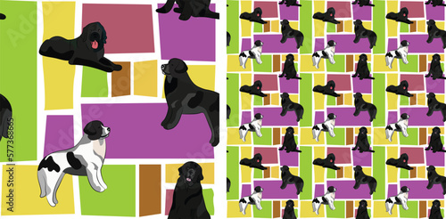 Newfoundland dog summer bright wallpaper. Holiday abstract shapes square seamless background, repeatable pattern. Birthday wallpaper, Christmas present, print tiles. Simple puzzle with dogs, pet lover