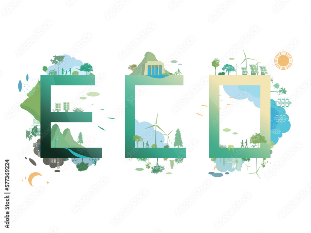 Fototapeta premium ESG and ECO friendly community A011 ECO text shows by the green environmental its suit to add words inside about ESG - Environmental, Social, and Governance vector illustration graphic EPS 10