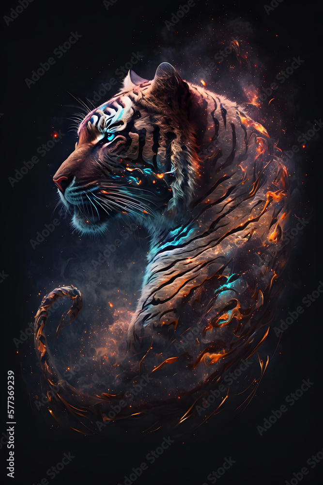 Głowa tygrys połączona z mgławicą galaktyczną. Tygrys na czarnym tle w magicznym, abstrakcyjnym wydaniu. Generative AI - obrazy, fototapety, plakaty 