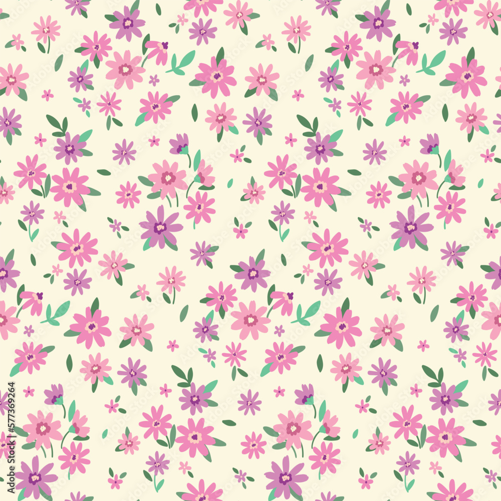 Seamless floral pattern, cute liberty ditsy print with mini plants in pastel colors. Pretty botanical design with small hand drawn pink flowers, leaves on white background. Vector illustration. - obrazy, fototapety, plakaty 