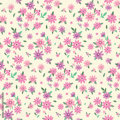 Seamless floral pattern, cute liberty ditsy print with mini plants in pastel colors. Pretty botanical design with small hand drawn pink flowers, leaves on white background. Vector illustration.