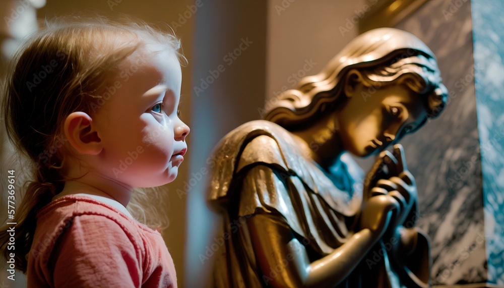 girl praying while looking at jesus statue in church, Generative AI