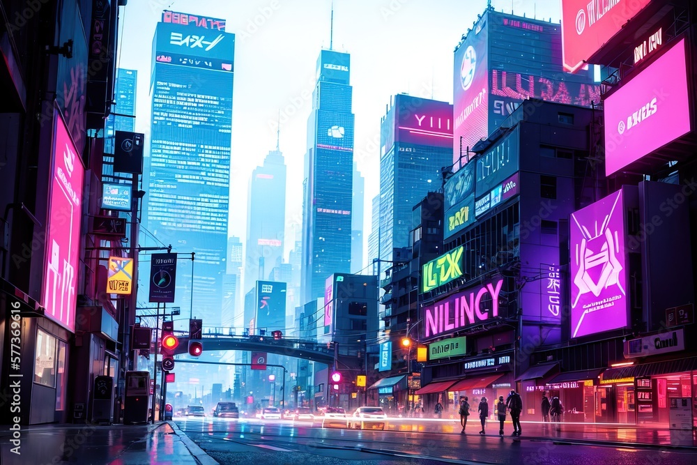 cyberpunk futuristic cityscape with a neon skyline, digital conceptual illustration, Generative AI