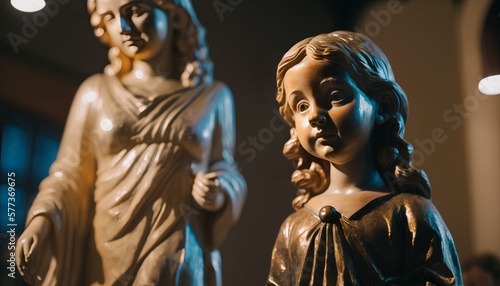 girl praying while looking at jesus statue in church, Generative AI