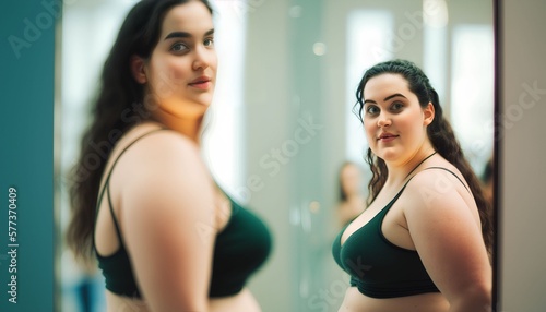 fat woman looks in the mirror, Generative AI