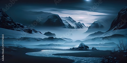 Serenity of Frozen Glacial Minimalist Landscape: Unreal Mood in Ethereal Fog - Generative Ai