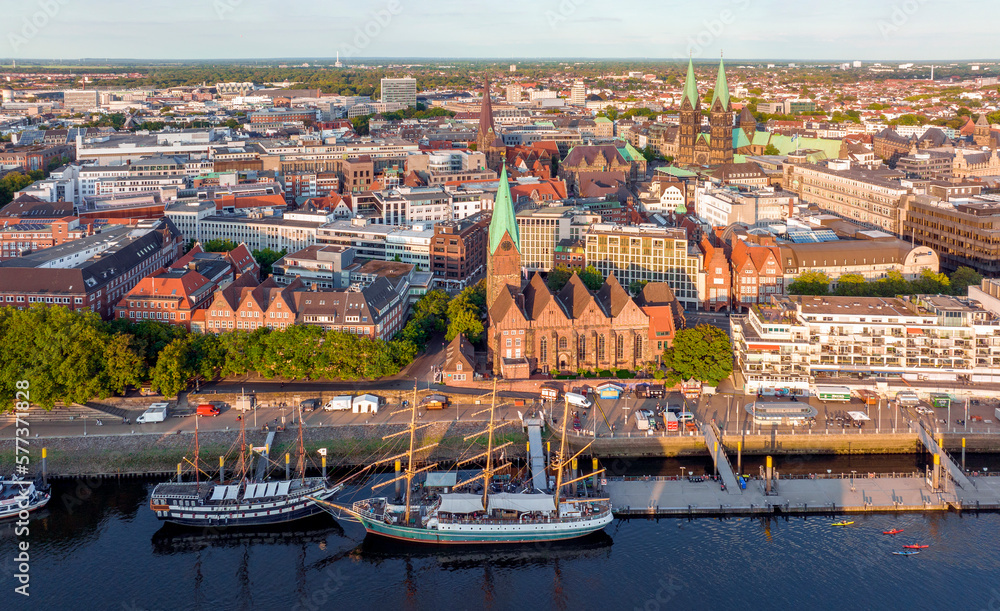 Bremen, Germany. Aerial View on Historical Center of Bremen, Marktplatz at Sunrise.