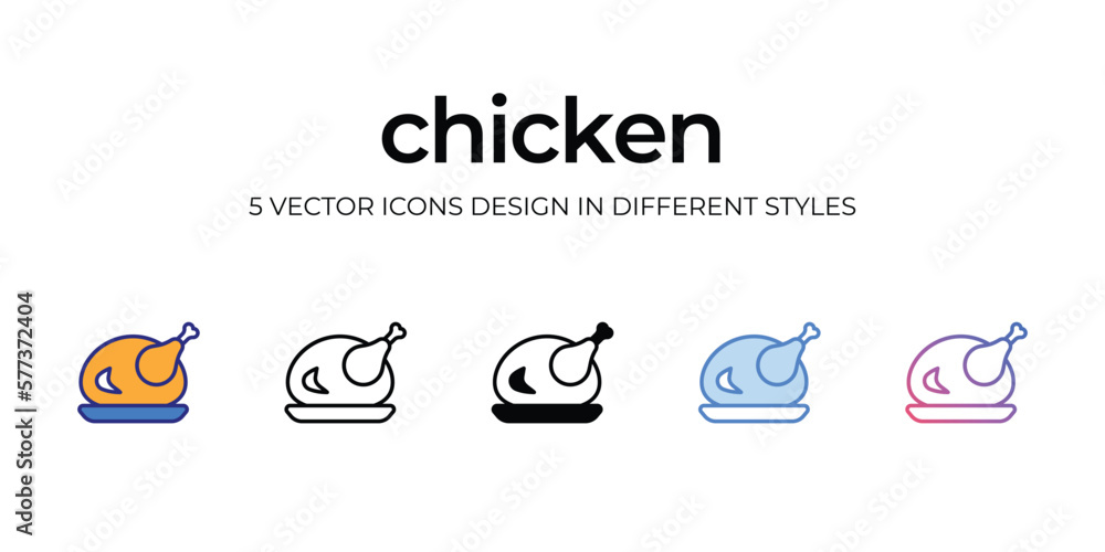 chicken Icon Design in Five style with Editable Stroke. Line, Solid, Flat Line, Duo Tone Color, and Color Gradient Line. Suitable for Web Page, Mobile App, UI, UX and GUI design.