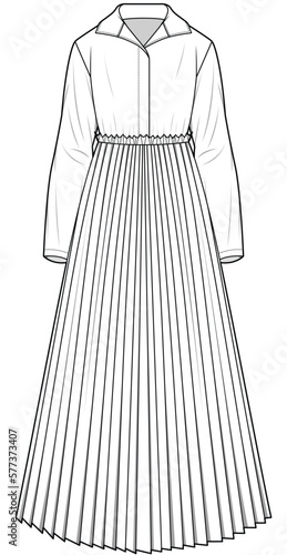womens long sleeve shirt and permanent pleated maxi skirt fashion flat sketch vector illustration technical cad drawing template
