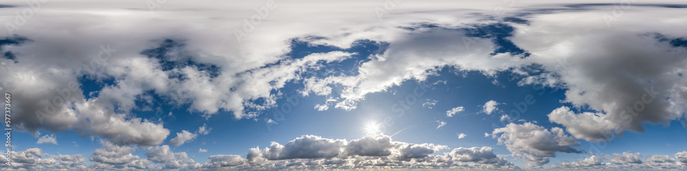 blue sky with cumulus clouds as seamless hdri 360 panorama with zenith in spherical equirectangular projection may use for sky dome replacement in 3d graphics or game development and edit drone shot