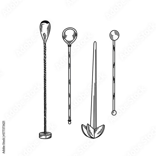 Cocktail supplies in a bar, barspoon, juicer, lineart style drink stirrer on white background