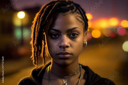 Member of youth gang portrait in the street city night lights, young african american woman. Generative AI model photo