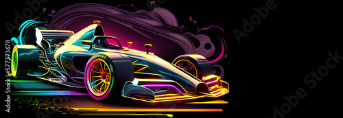 Racing formula car illustration for competition banner and poster, colorful dynamic neon lines on black background, copy space on the right. Generative AI