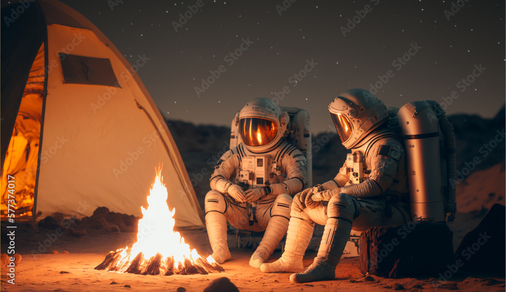 Two astronauts have a sincere conversation in the evening around a campfire near a tent on an alien planet. Expedition to unknown space. Lifestyle and journey concept. created with ai - obrazy, fototapety, plakaty 