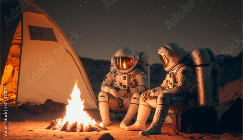 Fotografia Two astronauts have a sincere conversation in the evening around a campfire near a tent on an alien planet