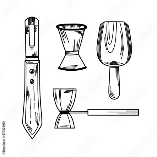 Set of bar accessories with jigger, ice scoops and chanel knife to create decorative elements