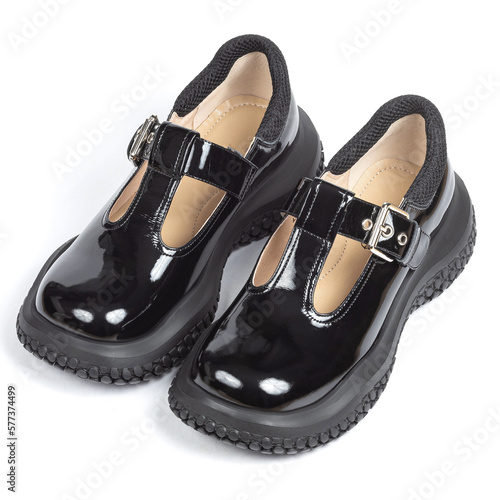 Black shiny glossy comfortable leather women's sandals on a thick rubber sole on a white background