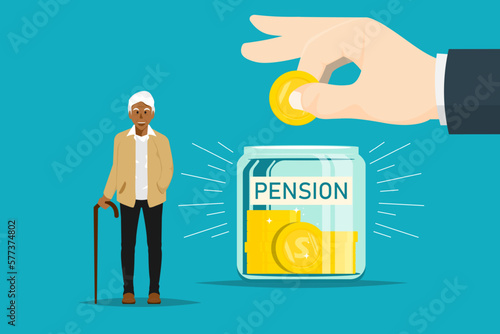 Saving money for pension concept, Business human hand hold coin with coin jar, elderly man on isolated background, Digital marketing illustration. photo