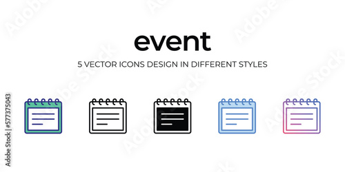 event Icon Design in Five style with Editable Stroke. Line, Solid, Flat Line, Duo Tone Color, and Color Gradient Line. Suitable for Web Page, Mobile App, UI, UX and GUI design.