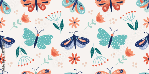 Photography Spring-summer pattern with butterflies and flowers