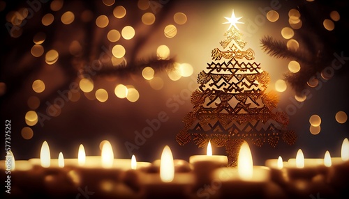 This festive holiday background features warm golden bokeh lights, twinkling and shining to create a magical effect. In the background, either a decorated Christmas tree or glowing menorah