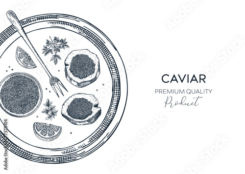 Black caviar background in sketched style. Seafood platter for restaurant menu or finger food party. Hand-drawn tray with tin can, black caviar canapes, lemons and spices sketches isolated on white