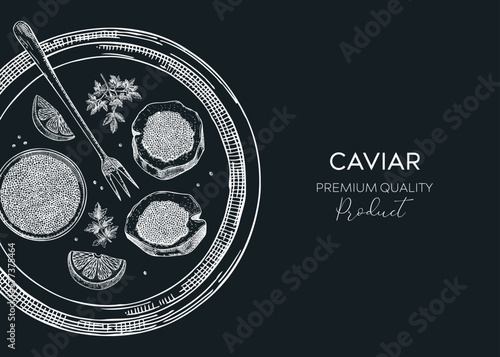 Black caviar background in sketched style. Seafood platter for restaurant menu or finger food party. Hand-drawn tray with tin can, black caviar canapes, lemons and spices sketches on chalkboard