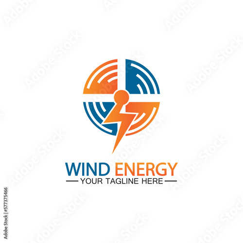 Wind energy logo. renewable energy icon with wind turbines and thunder bolt isolated on white background