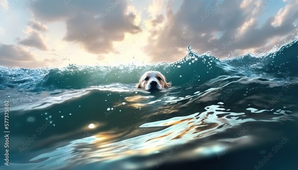 Cute dog is swimming through sea waves of the raging sea with the last ...