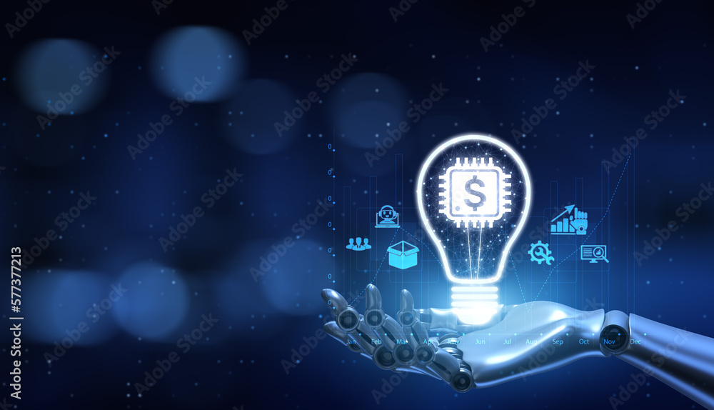 Fintech Financial technology online banking. Robot hand pressing virtual button 3d render. Fintech Financial technology online banking. Robot hand pressing virtual button 3d render.