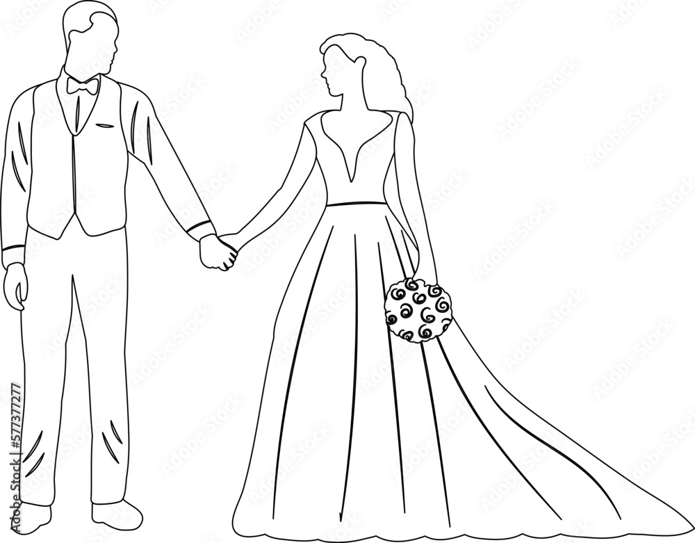 Fototapeta premium sketch of bride and groom line drawing on white background isolated, vector