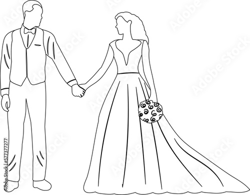 sketch of bride and groom line drawing on white background isolated, vector