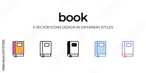 book Icon Design in Five style with Editable Stroke. Line, Solid, Flat Line, Duo Tone Color, and Color Gradient Line. Suitable for Web Page, Mobile App, UI, UX and GUI design.