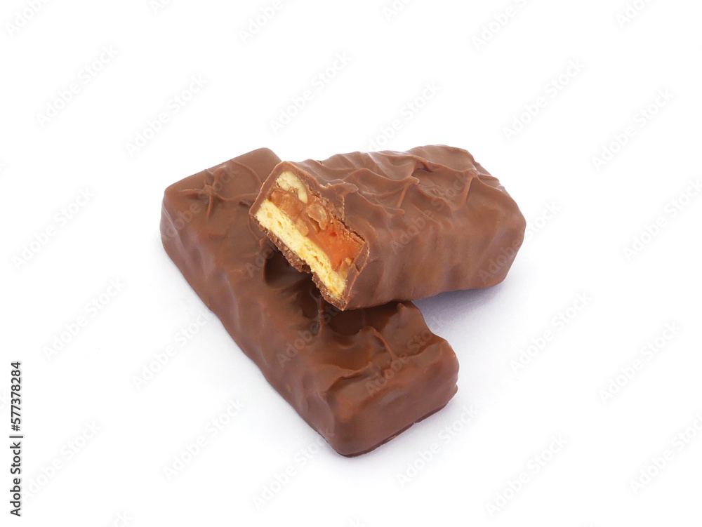 Chocolate bar isolated on white background. Delicious chocolate and caramel bar. Chocolate bar isolated on white background. Delicious chocolate and caramel bar.
