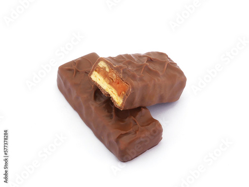 Chocolate bar isolated on white background. Delicious chocolate and caramel bar.