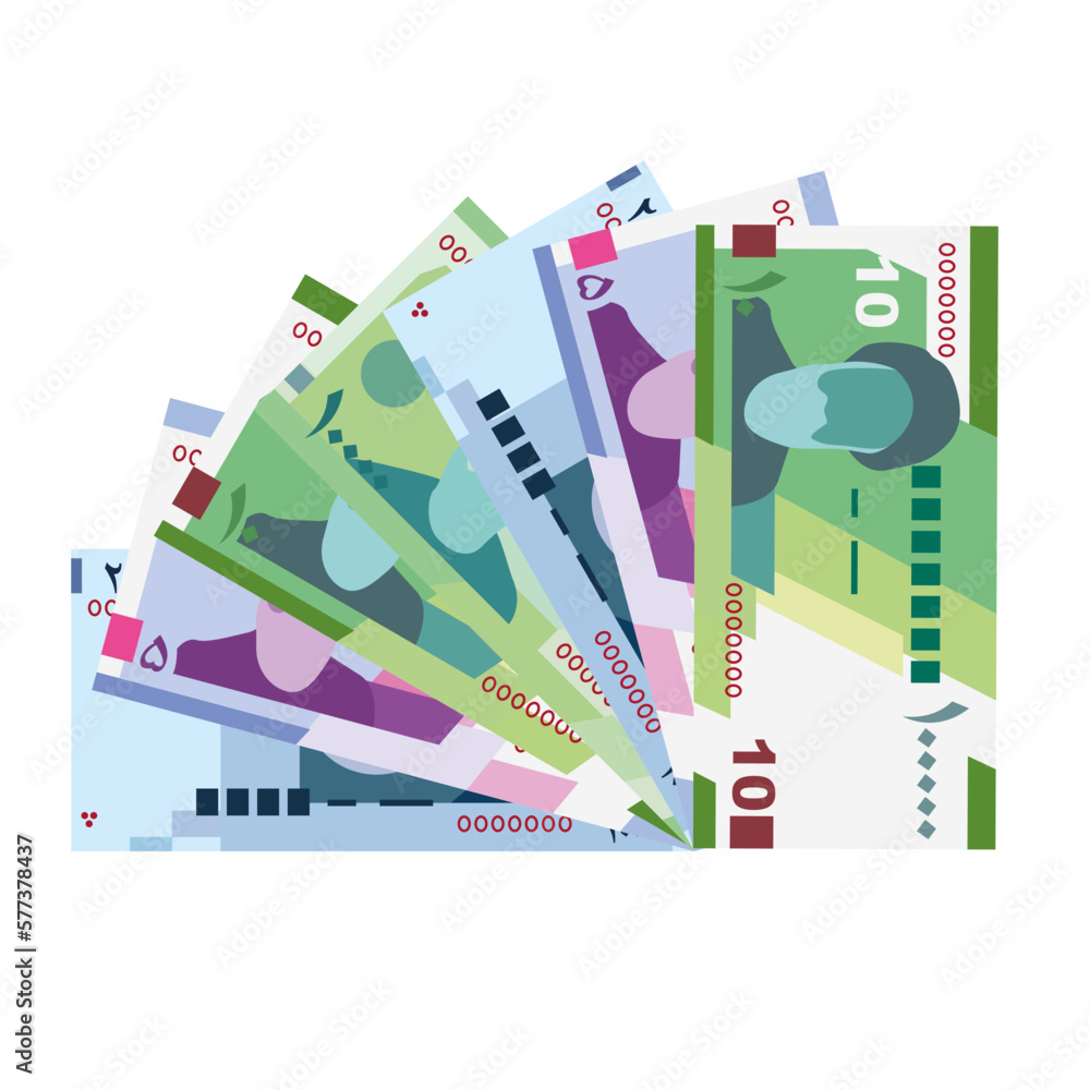 Iranian Rial Vector Illustration. Iran, Afghanistan, Hajj, Syria money set bundle banknotes. Paper money IRR. Flat style. Isolated on white background. Simple minimal design.