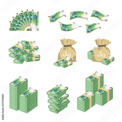 Iranian Rial Vector Illustration. Huge packs of Iran, Afghanistan, Hajj, Syria money set bundle banknotes. Bundle with cash bills. Deposit, wealth and inheritance. Falling money 100000 IRR