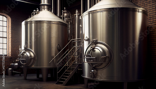 Modern Beer Factory. Rows of steel tanks for beer fermentation and maturation. Spot light effect © PaulShlykov
