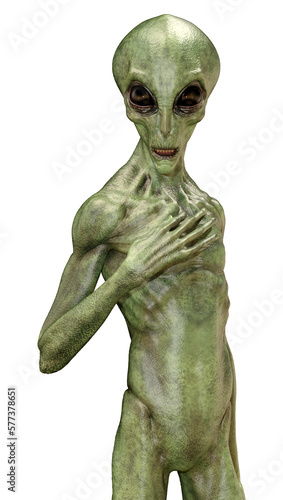 3D Rendering Green Alien on White