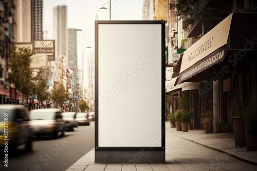 Blank mock up of vertical street poster billboard on city background. Ai generative
