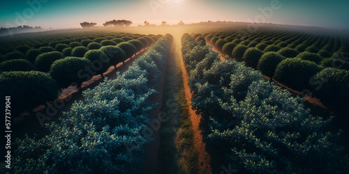 big panoramic view of black currant bushes, rows of fruit plantations under the blue sky sunnrise fog  photo