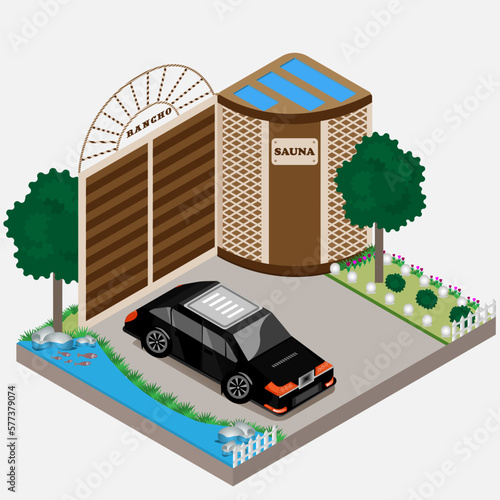 Isometric garden yard with sauna view rancho. Decorative river with fish and flower bed. Black car in home park. Small wooden sauna is cartoon 3d. Green grass, flowers of tulips, garden candlesticks