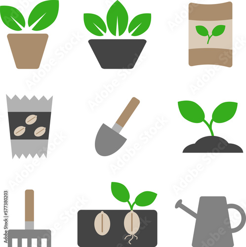 Gardening, vector set. Plants in a pot, seeds, plants in the ground, watering can, rake and shovel.