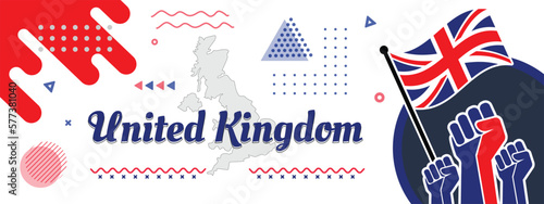 United Kingdom National day banner for Independence day with abstract modern design. UK, British, map, raised fists and geometric art in flag color theme