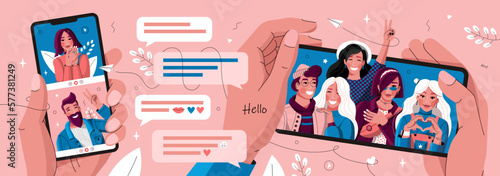 Friends communicate via video link. A positive illustration depicting people, chat, telephone, decorative elements.