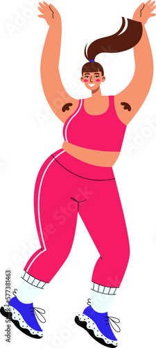 Attractive overweight woman with armpit hair. Happy body positive and love yourself concept. No fatphobia and body shaming.