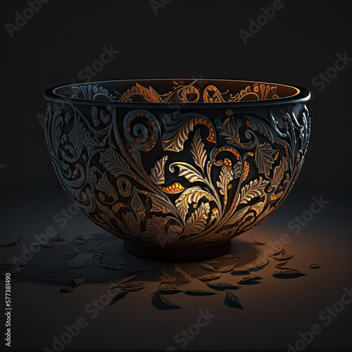ceramic bowl on black background. Generative AI image.