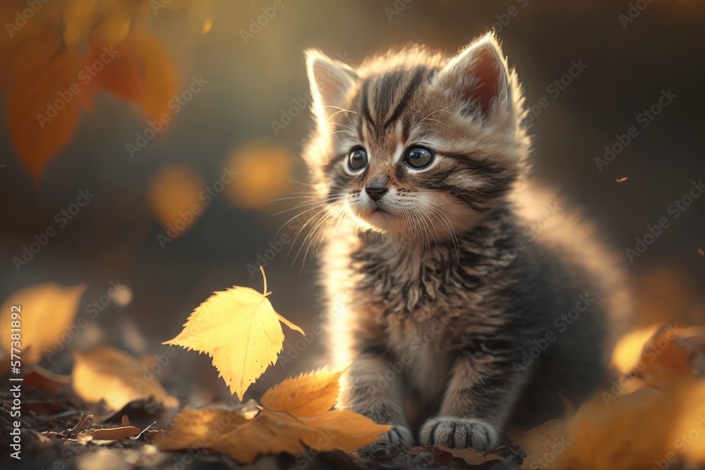 Little angora kitten on the autumn yellow leaves, Generative AI